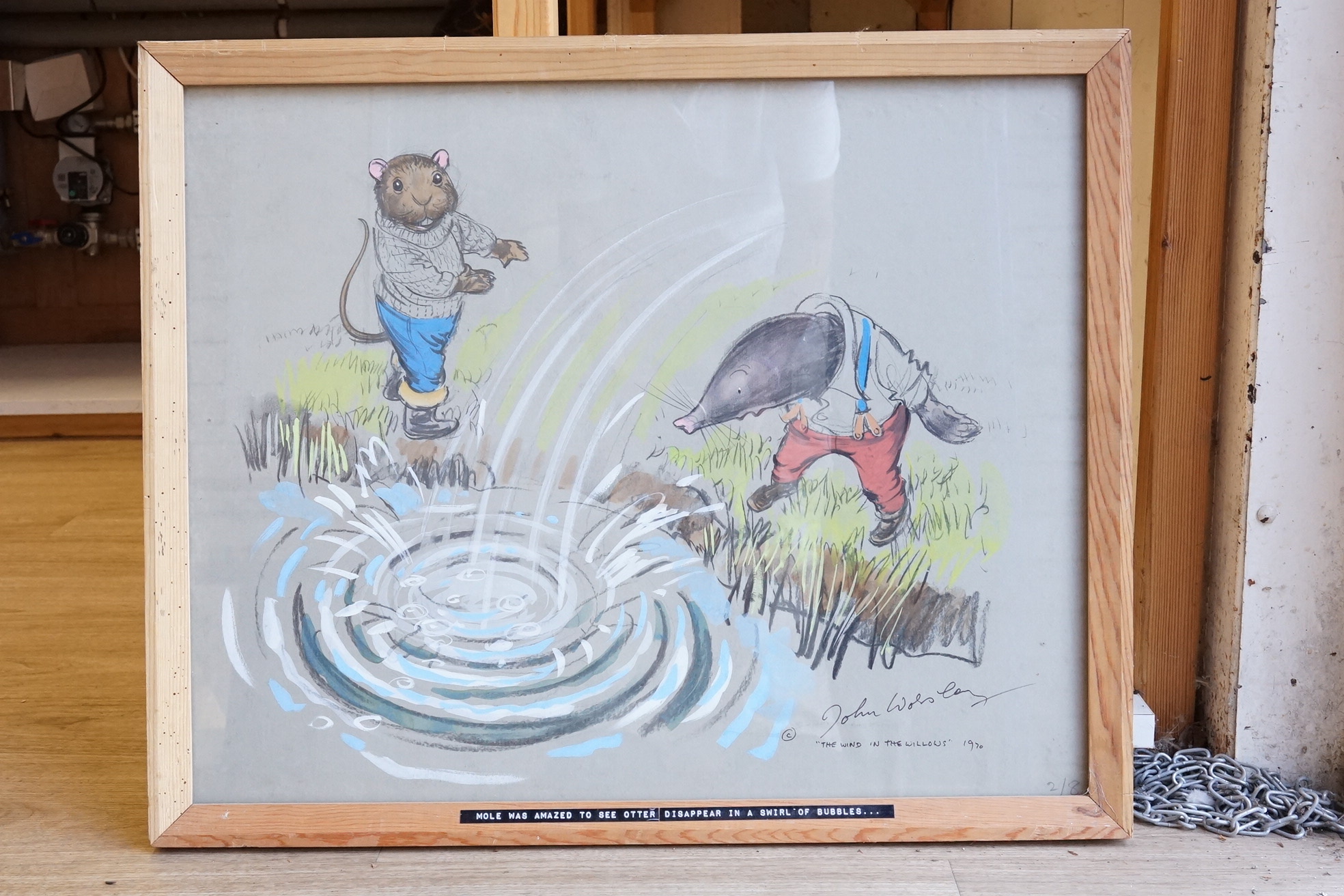 John Worsley (1919-2000), 'Mole was amazed to see the otter disappear in a swirl of bubbles', signed and dated 1970, original illustration for Wind in the Willows, 50 x 63cm
